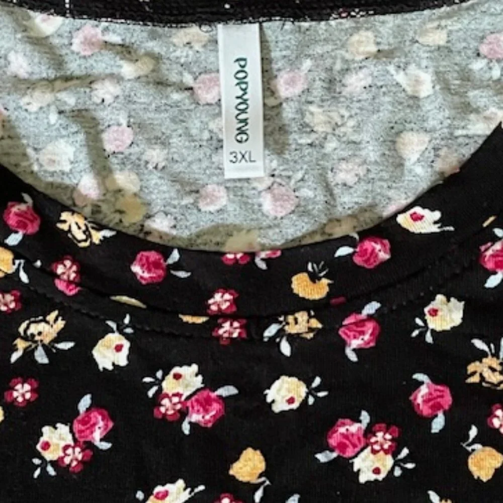 Popyoung Black Short Sleeve Tunic with Tiny Flowers/Beehives Design – 3XL *NWOT* - Picture 2 of 4